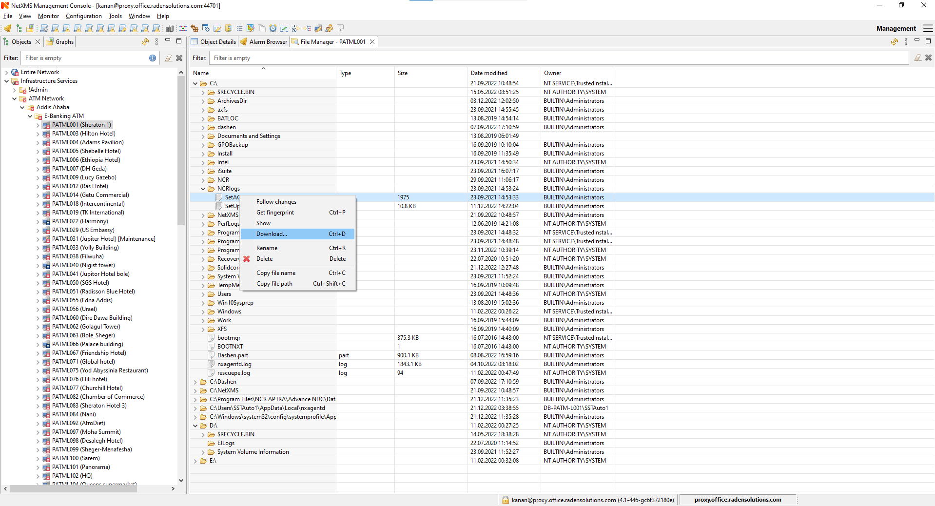 File manager for a chosen ATM