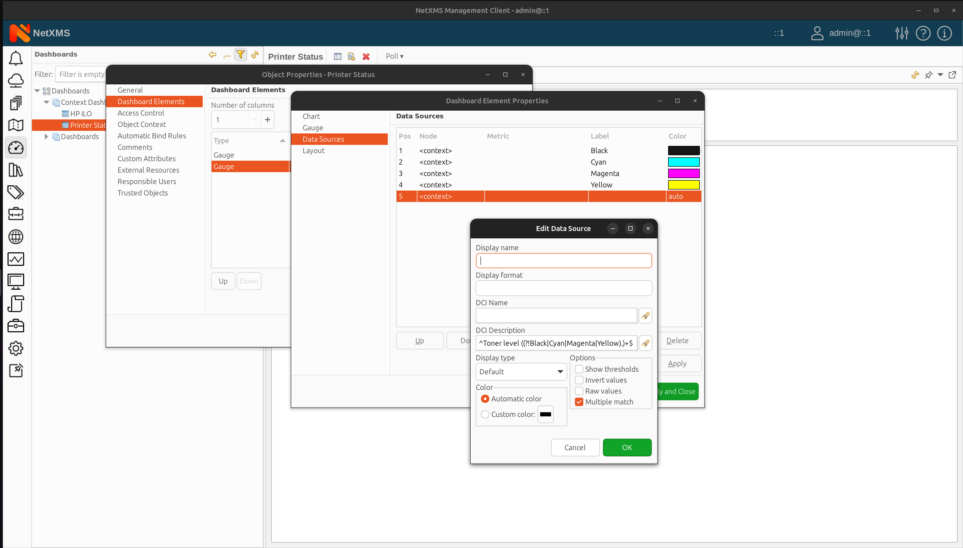 Data source configuration for printer status dashboard