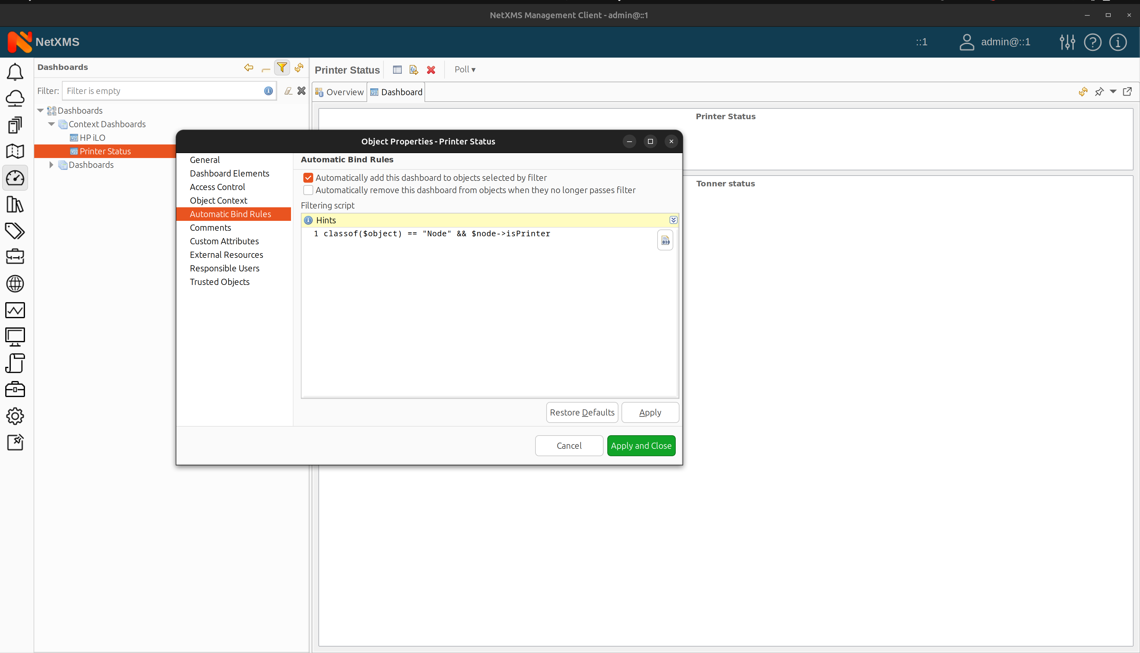 Printer status context dashboard auto apply rules