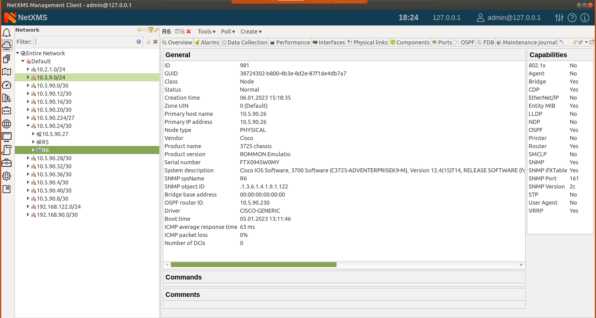 NetXMS system’s view with the network organised into a logical container tree on the left