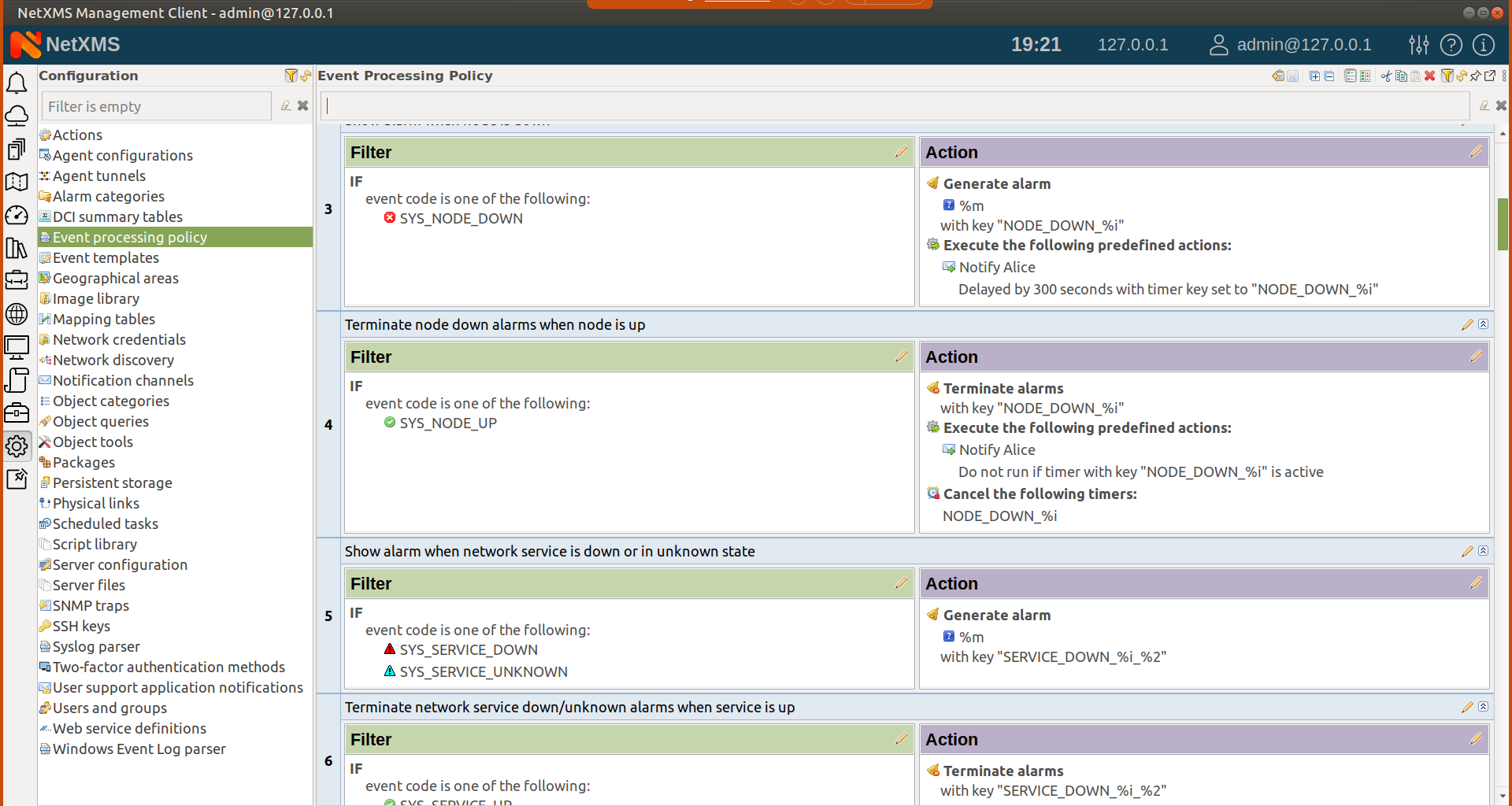 Defining the event processing policy in NetXMS