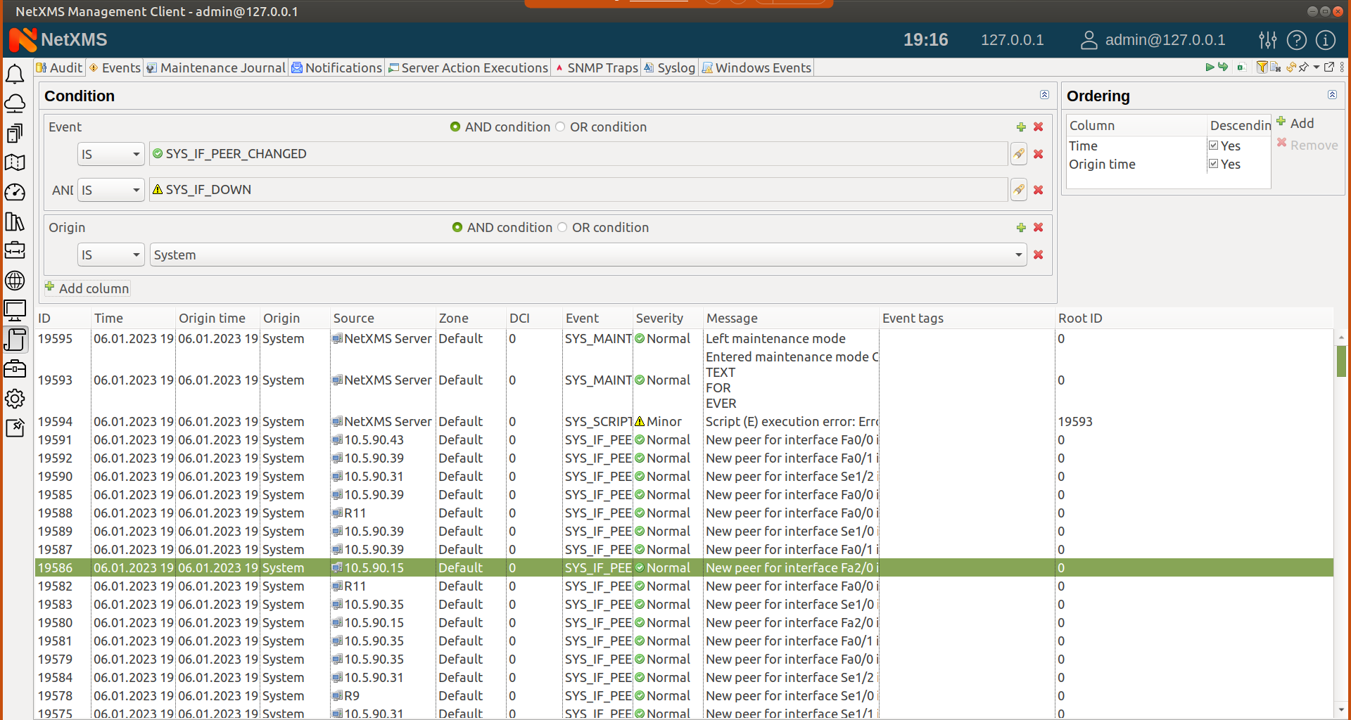 List of the system events and assigning conditions for filtering