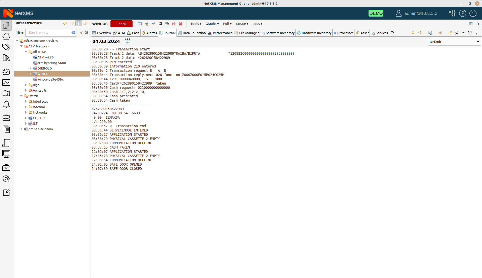 ATM’s electronic journal in the NetXMS ATM monitoring system