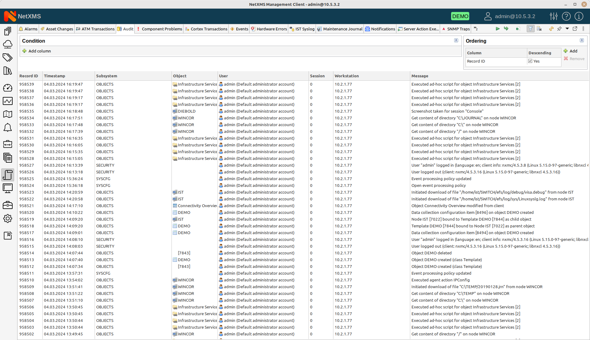 Audit log in the NetXMS ATM monitoring and management system logs every action of every user. Meanwhile, granular User Rights definition system allows to give access to a user only for the parts of the system that admin wants them to see.